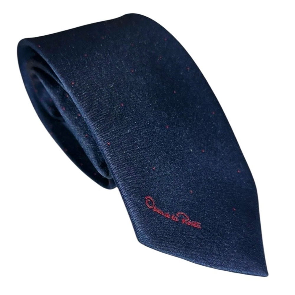 Vtg Oscar de la Renta Mens Tie Navy Blue w/ Red Speckles Logo Necktie 58x3” USA